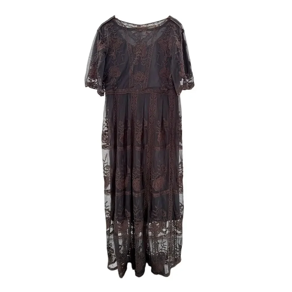 Lace Overlay Whimsigoth Maxi Short Sleeve M Dress Renaissance Moody Dark Fairy